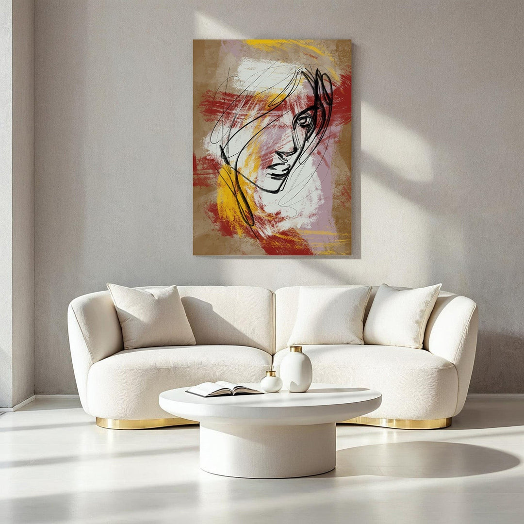 Wadi Home abstract face line art painting with red, yellow, and white brushstrokes on a neutral background.