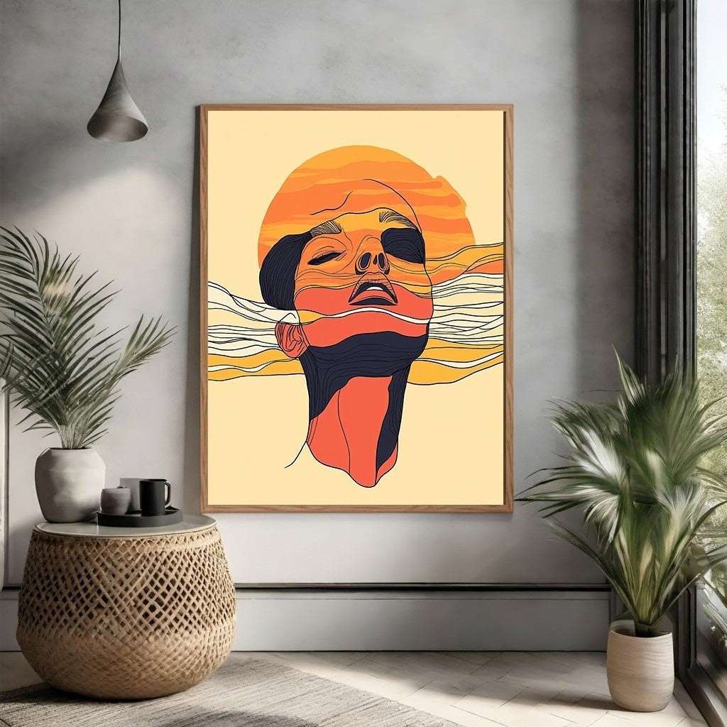 Wadi Home abstract line art print of a face with closed eyes, set against a sunburst in warm orange, yellow, and blue tones.