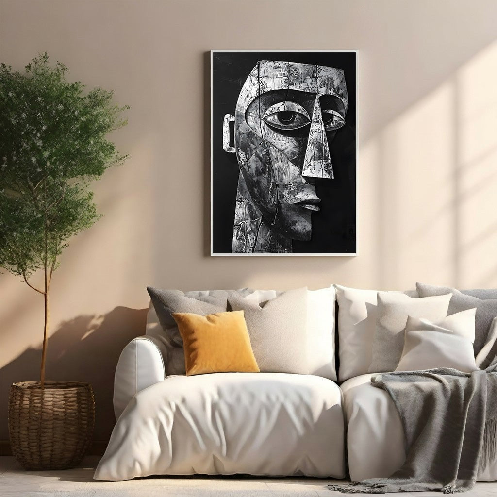 Wadi Home abstract monochrome face wall art with intricate details and bold modern aesthetic.