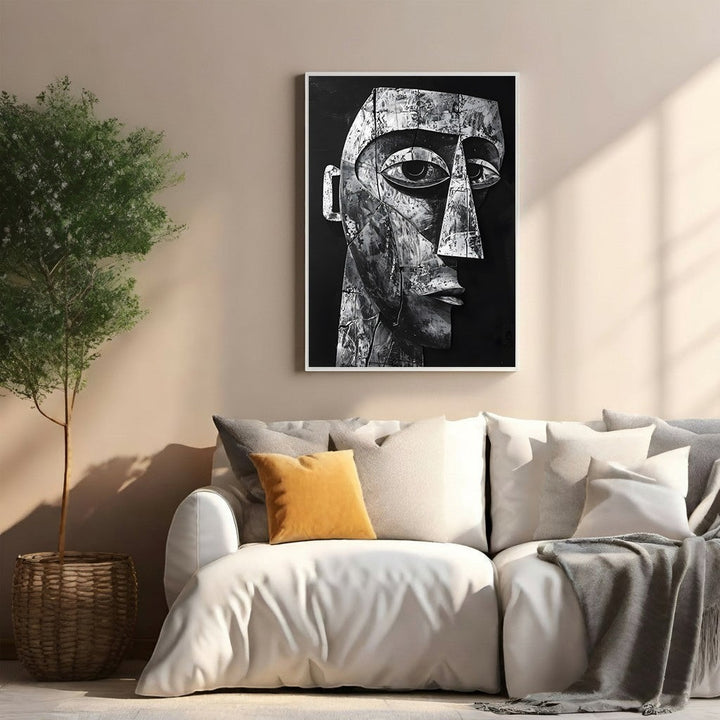 Wadi Home abstract monochrome face wall art with intricate details and bold modern aesthetic.