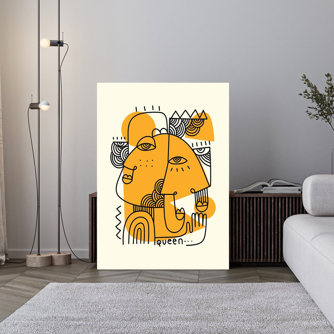 Wadi Home abstract wall art featuring two yellow faces with black line details and geometric patterns.