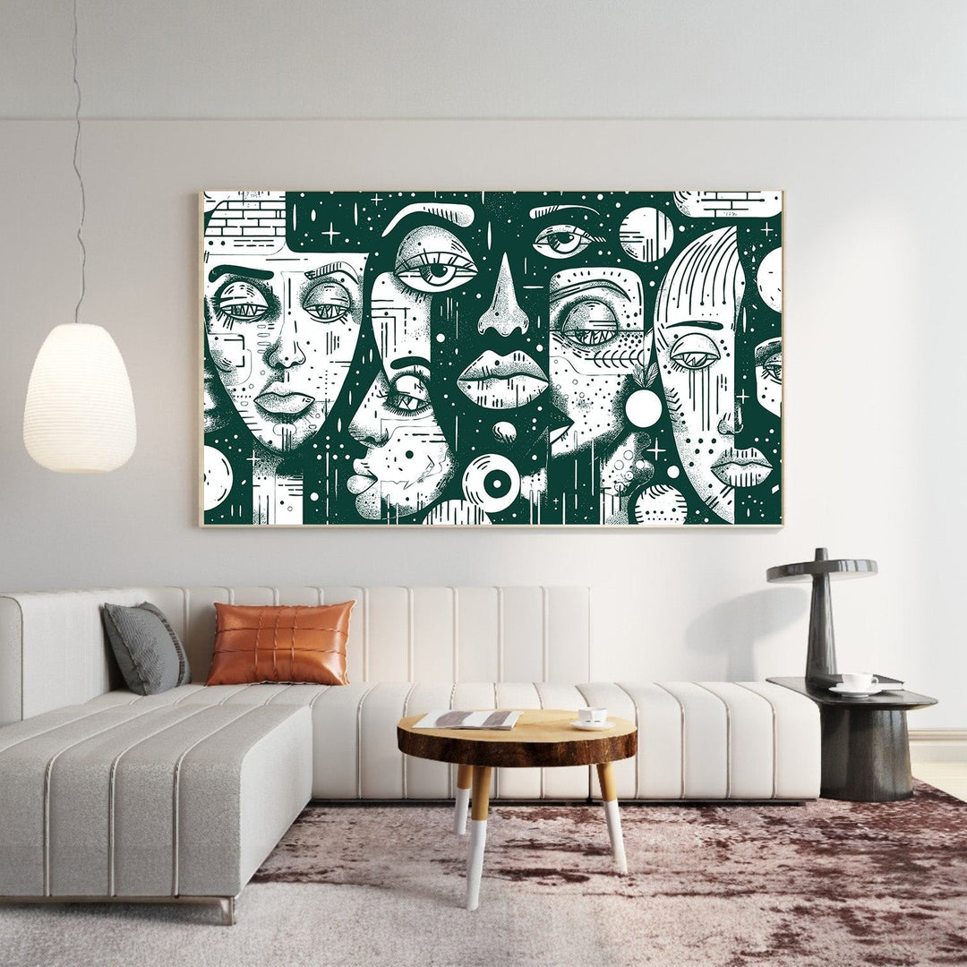 Wadi Home abstract face wall art print featuring intricate black and white line work in a modern living room.