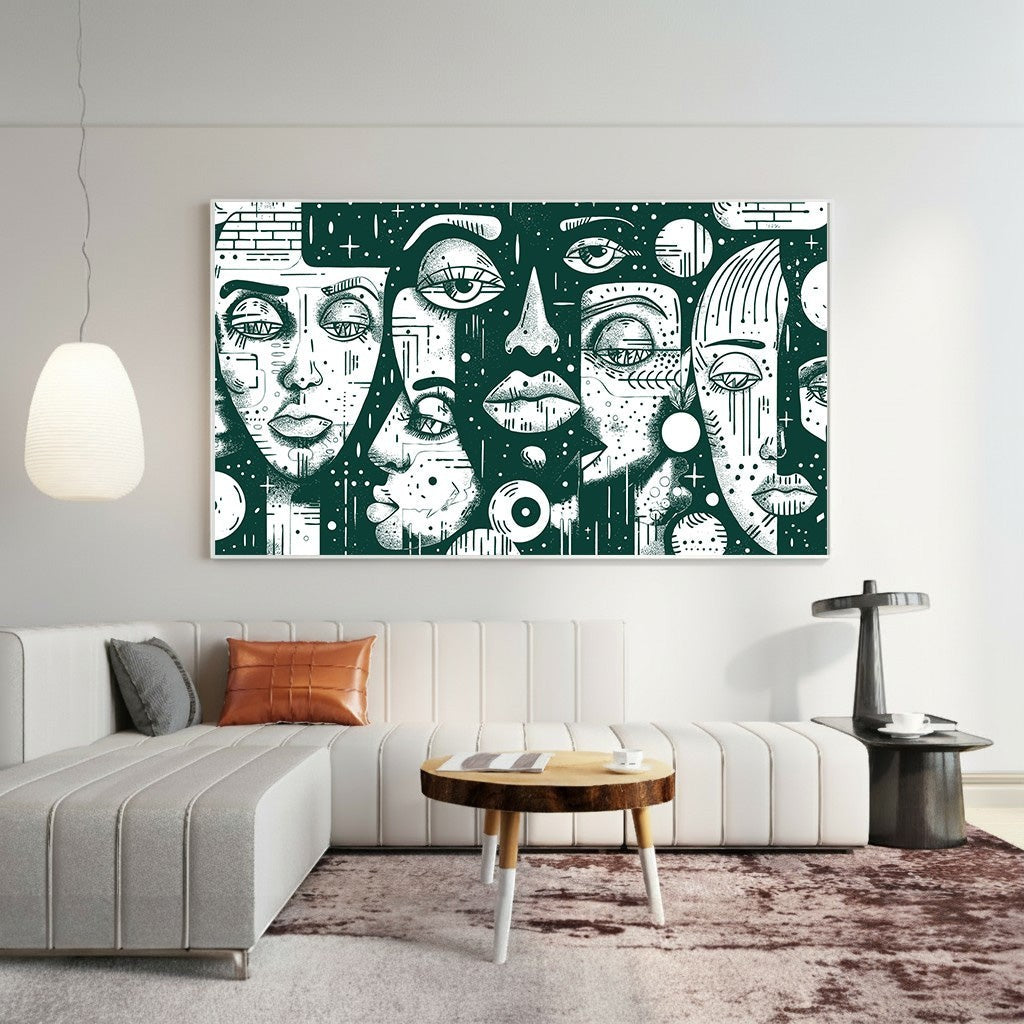 Wadi Home framed abstract face wall art with dark green and white graphic illustration hanging above a modern sofa.