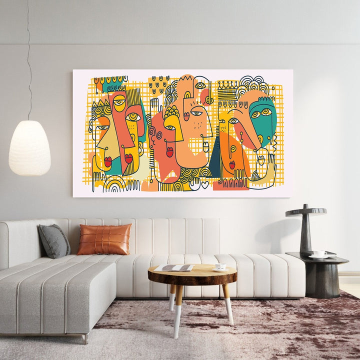 Wadi Home abstract faces canvas print with teal, orange, and yellow geometric line art hanging above a modern sofa.
