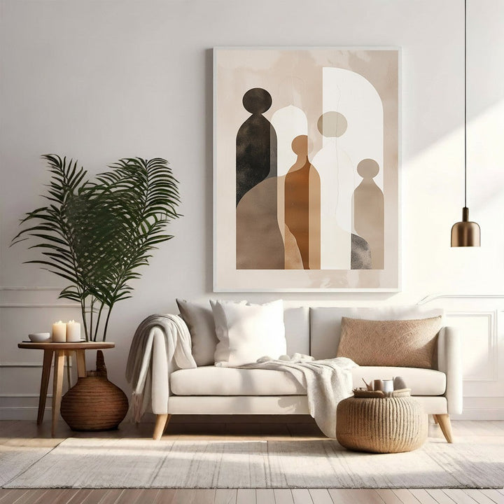 Wadi Home abstract family figures wall art in beige, brown, and black. Modern minimalist print.