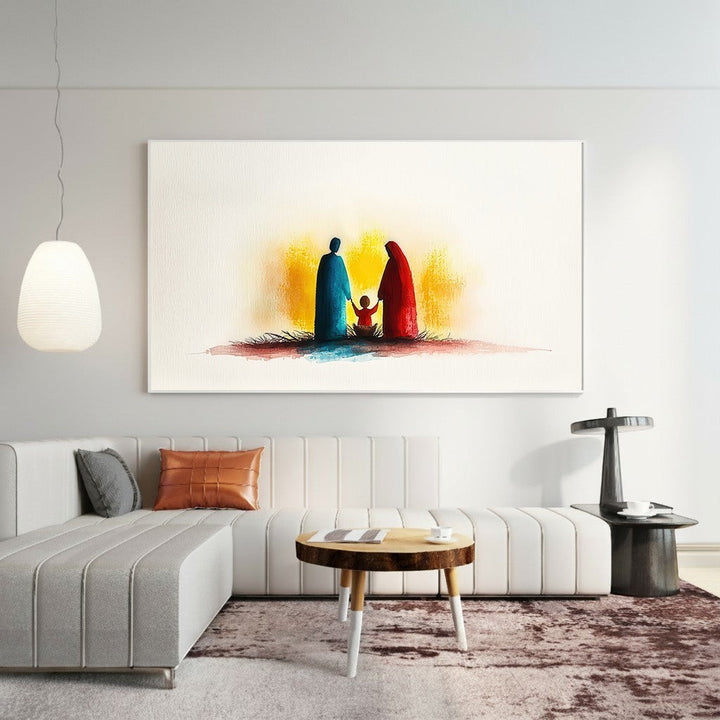 Wadi Home abstract family silhouette wall art in watercolor style, featuring figures in blue and red with a child in between, set against a warm yellow and orange glow.