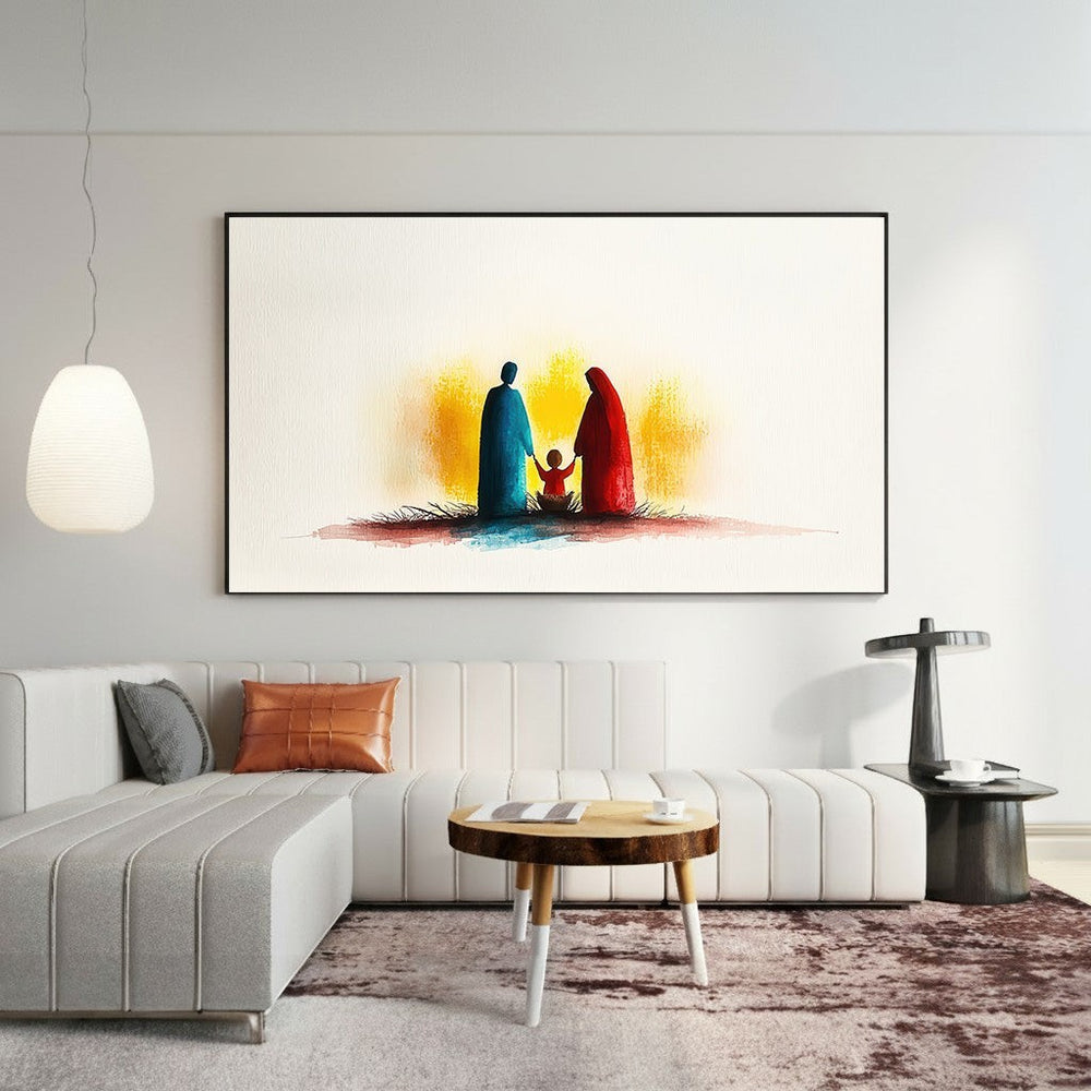 Wadi Home abstract family silhouette wall art in watercolor style, featuring figures in blue and red with a child in the center, set against a warm yellow glow.