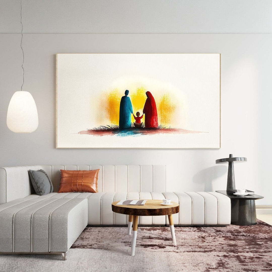 Wadi Home abstract family silhouette wall art in watercolor style, featuring figures in blue and red against a warm yellow glow.