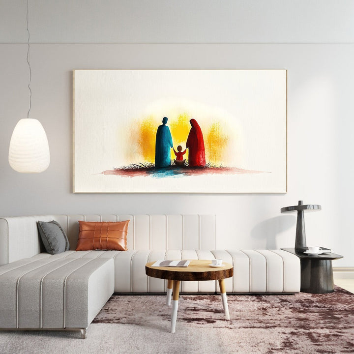 Wadi Home abstract family silhouette wall art in watercolor style, featuring figures in blue and red against a warm yellow glow.