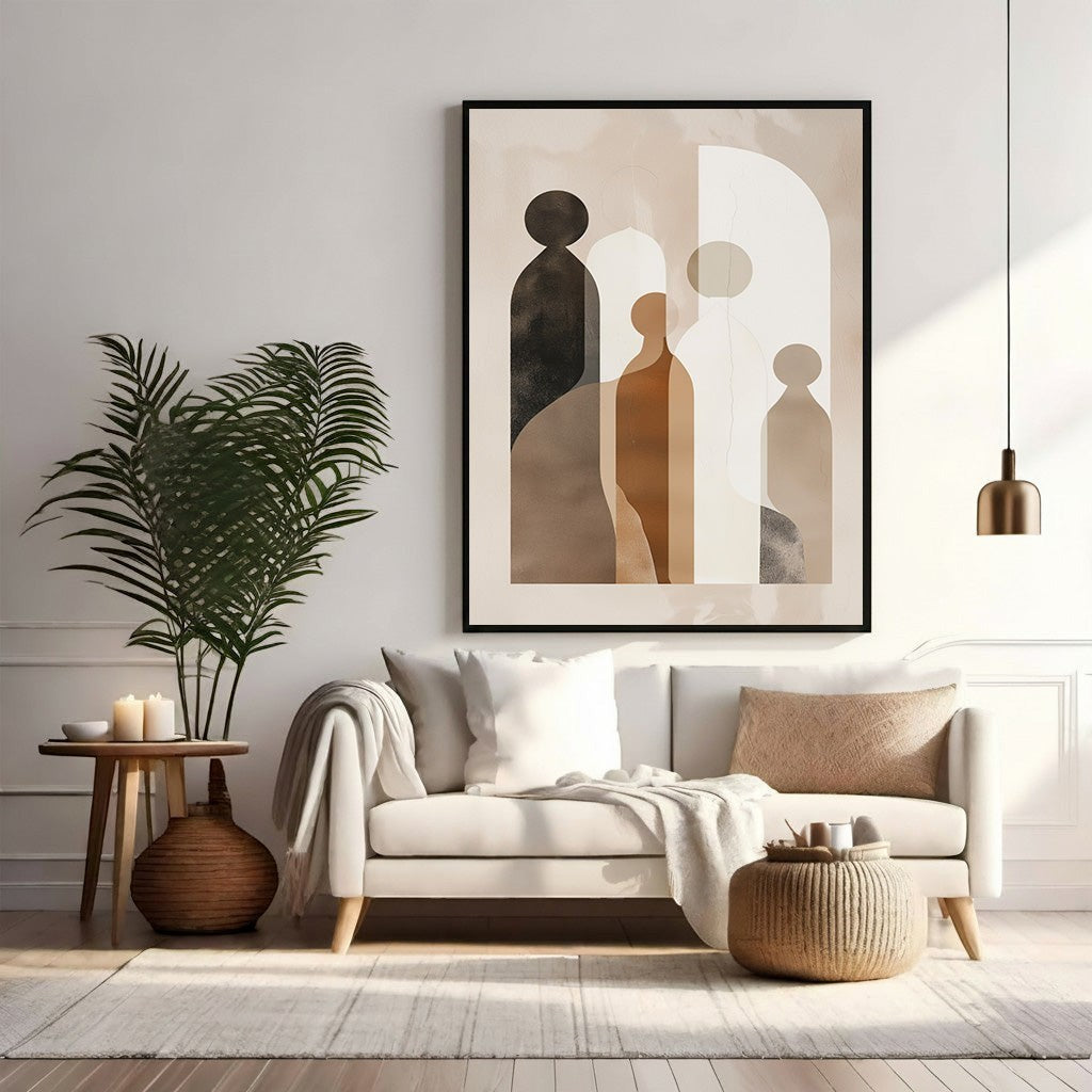 Wadi Home abstract family figures wall art in beige, brown, and black. Modern minimalist print.