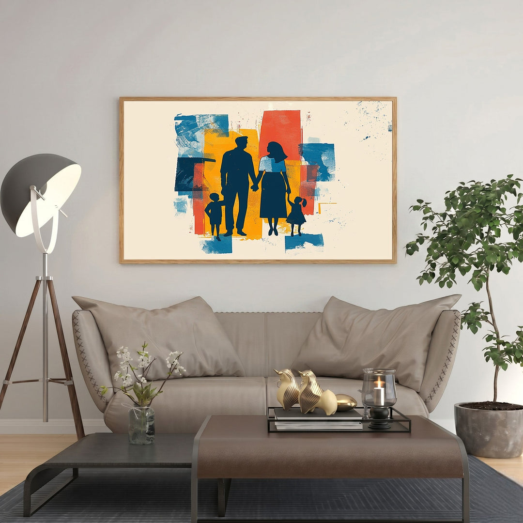 Wadi Home abstract family silhouette wall art with blue, yellow, and red paint strokes. Features a family of four holding hands.