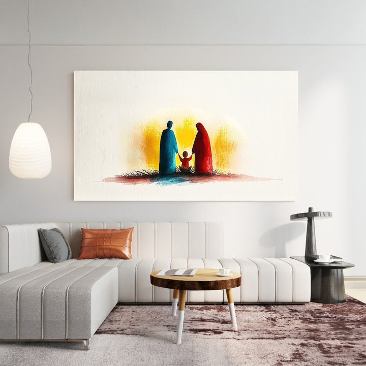 Wadi Home abstract family silhouette wall art, watercolor style, featuring figures in blue and red bathed in a warm glow.