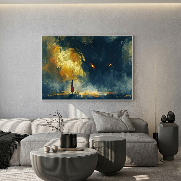 Wadi Home abstract fantasy wall art print featuring a figure in a red dress facing a shadowy creature in a living room