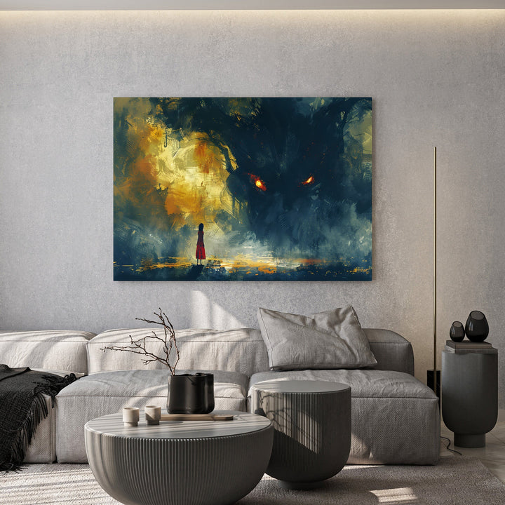Wadi Home abstract fantasy wall art print featuring a silhouetted figure in a red dress facing a shadowy creature.