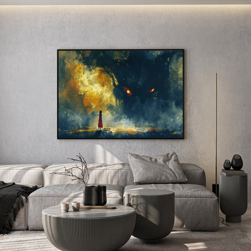 Wadi Home abstract fantasy wall art print featuring a figure in a red dress facing a shadowy creature in a living room