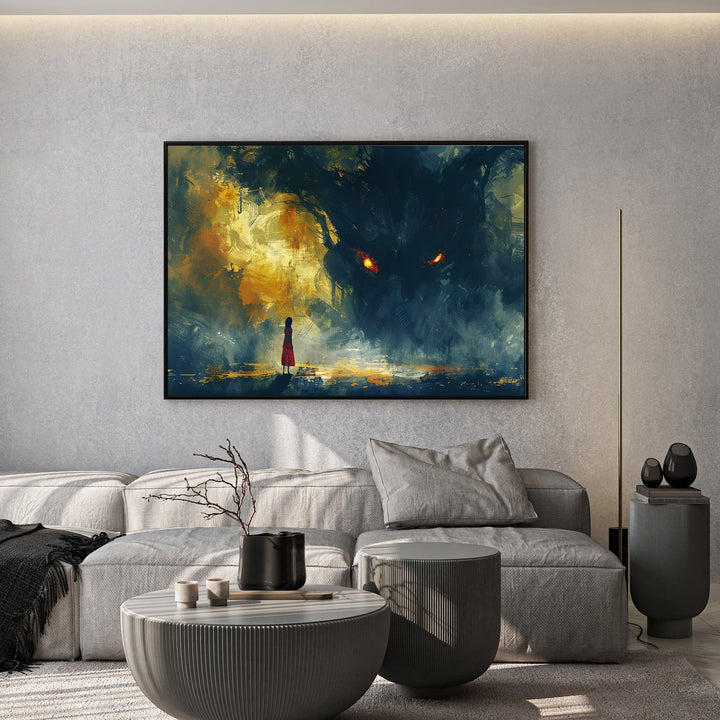 Wadi Home abstract fantasy wall art print featuring a figure in a red dress facing a shadowy creature in a living room