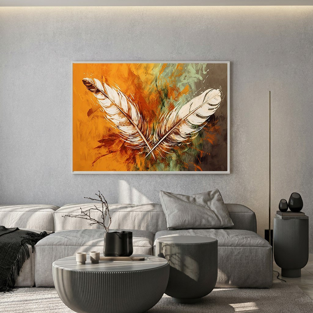 Wadi Home abstract feather canvas print with ochre and orange tones displayed above a modern grey living room sofa.