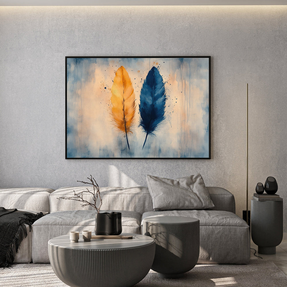 Wadi Home abstract feather canvas print with golden-yellow and navy-blue watercolor feathers in a modern living room.