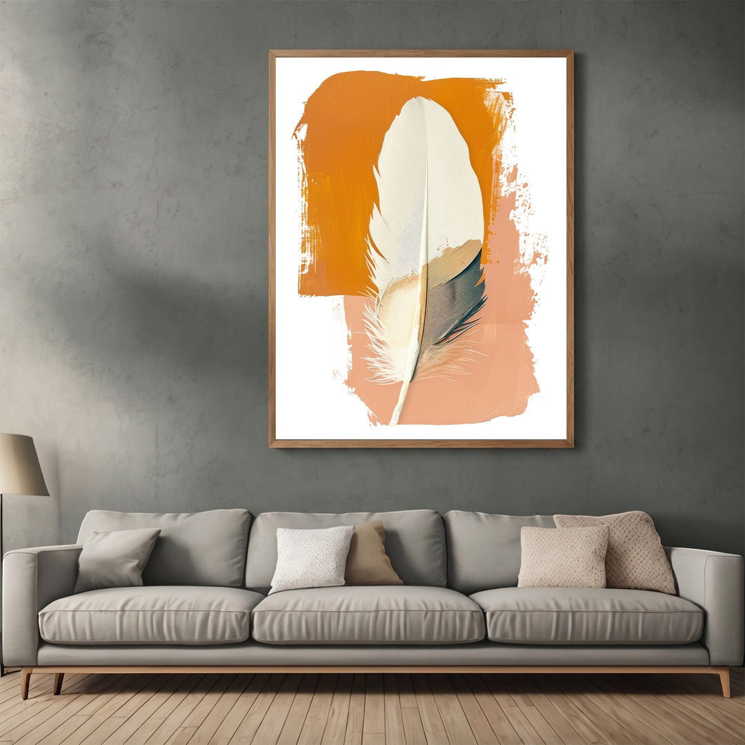 Wadi Home abstract feather wall art print with burnt orange and terracotta brushstrokes in a wooden frame.