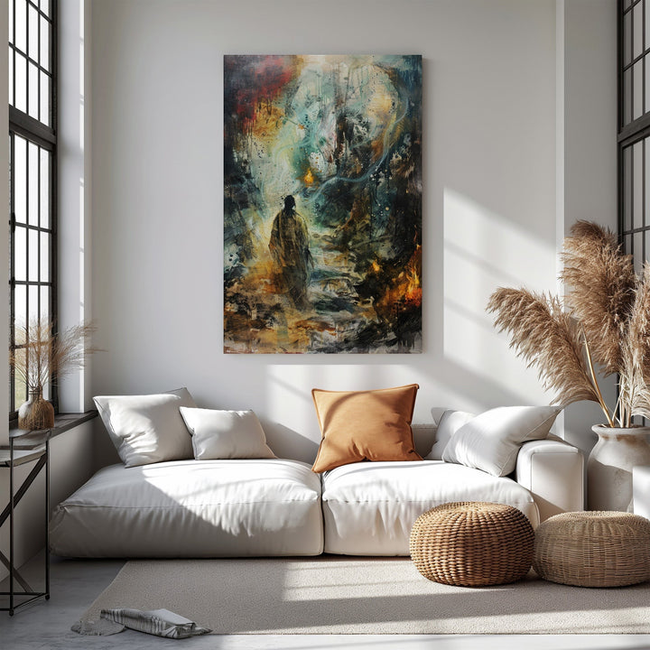 Wadi Home abstract figurative landscape wall art with solitary figure in textured, dreamlike environment, rich colors.