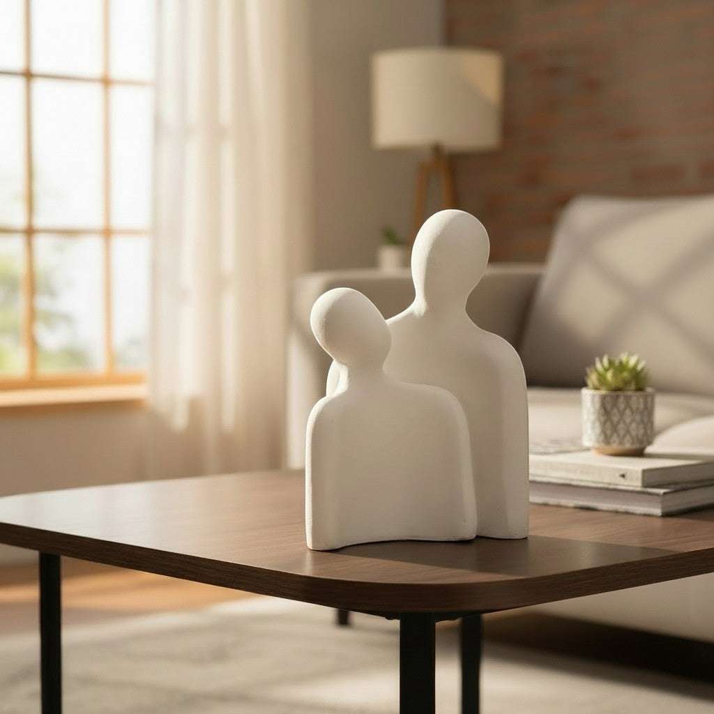Wadi Home abstract figurative sculpture set in matte white, depicting two figures in a close embrace.