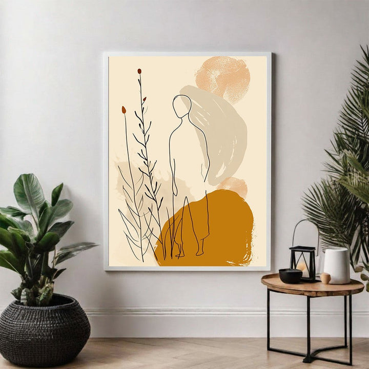 Wadi Home abstract line art print featuring a figure and botanical elements in ochre, beige, and cream.