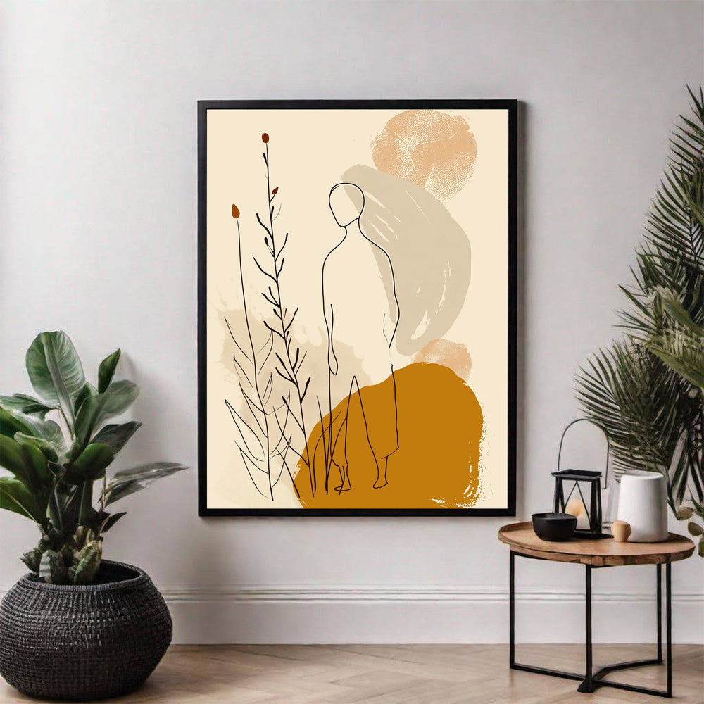 Wadi Home abstract line art print featuring a figure and botanical elements in ochre, beige, and cream.