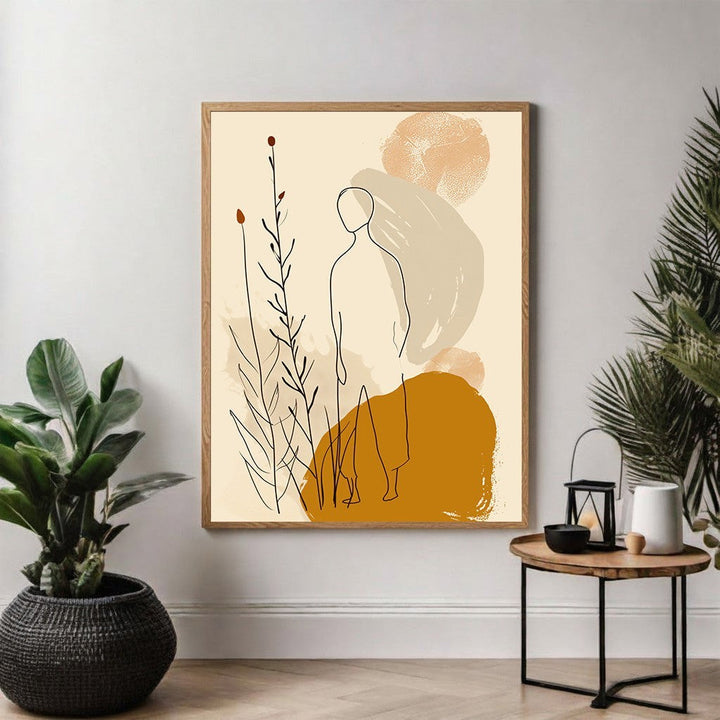 Wadi Home abstract line art print featuring a figure, botanical elements, and abstract shapes in ochre, beige, and cream.