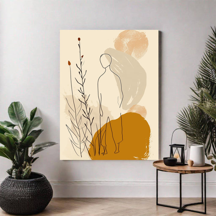 Wadi Home abstract line art print featuring a figure and botanical elements in ochre, beige, and cream.
