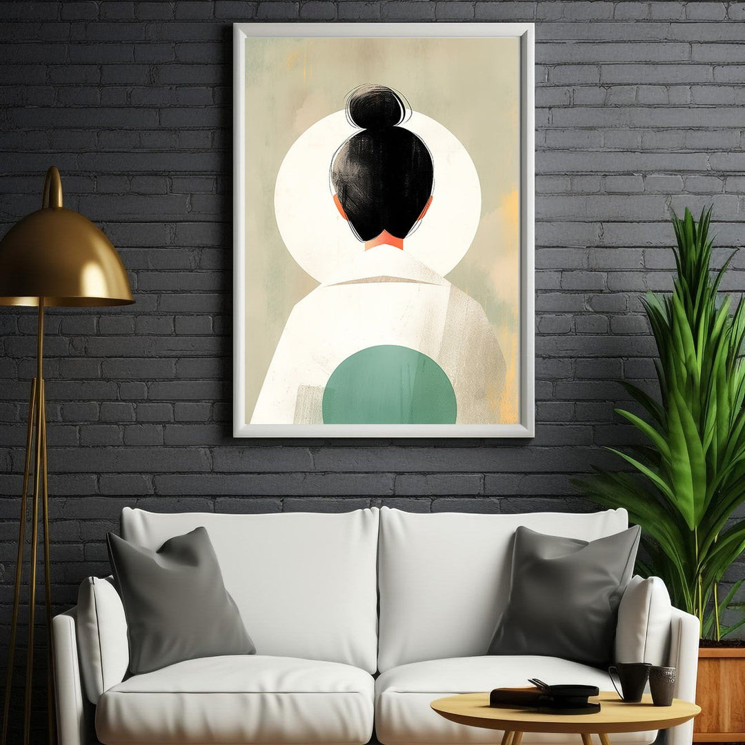 Wadi Home abstract wall art of a figure with a black bun and white clothing, featuring muted colors and minimalist design.
