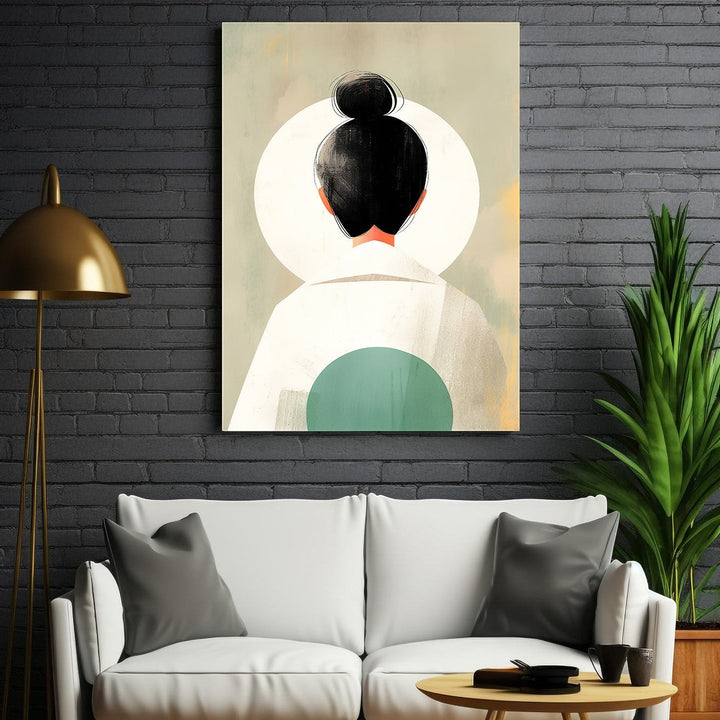 Wadi Home abstract wall art of a figure with a black bun and white clothing, muted colors.