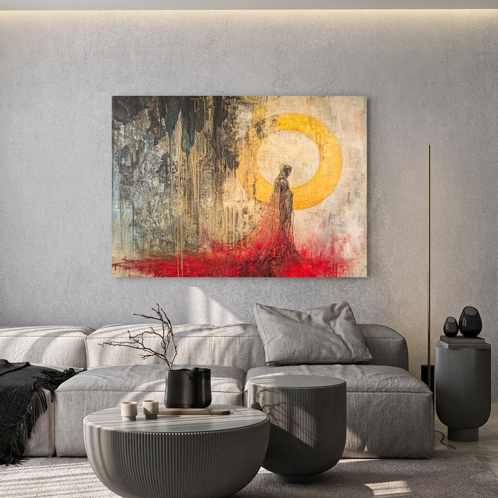 Wadi Home abstract figure canvas print with golden sun and crimson accents displayed above a modern grey sofa.