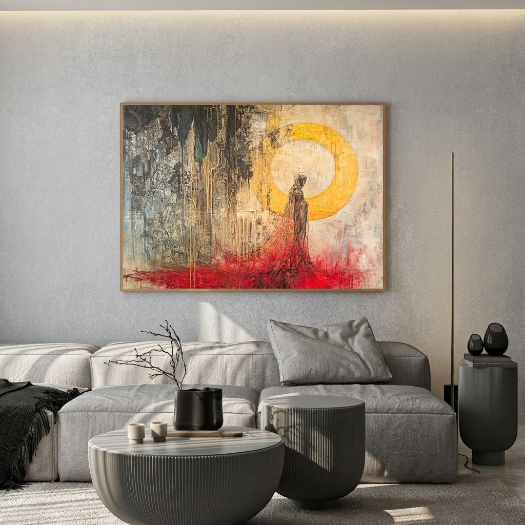Wadi Home abstract figure canvas print with golden sun and crimson accents in a modern living room setting