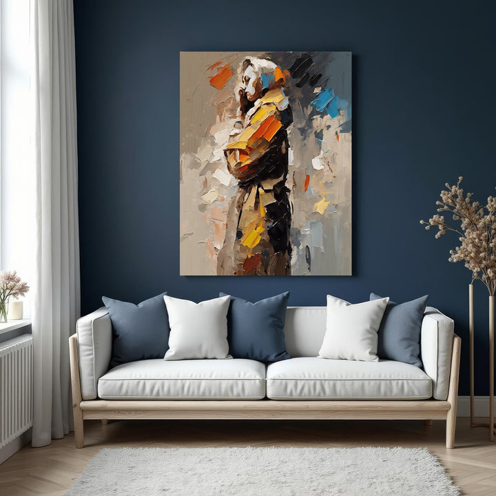 Wadi Home abstract canvas wall art depicting a figure in earthy tones, yellow, and blue. Textured painterly style.