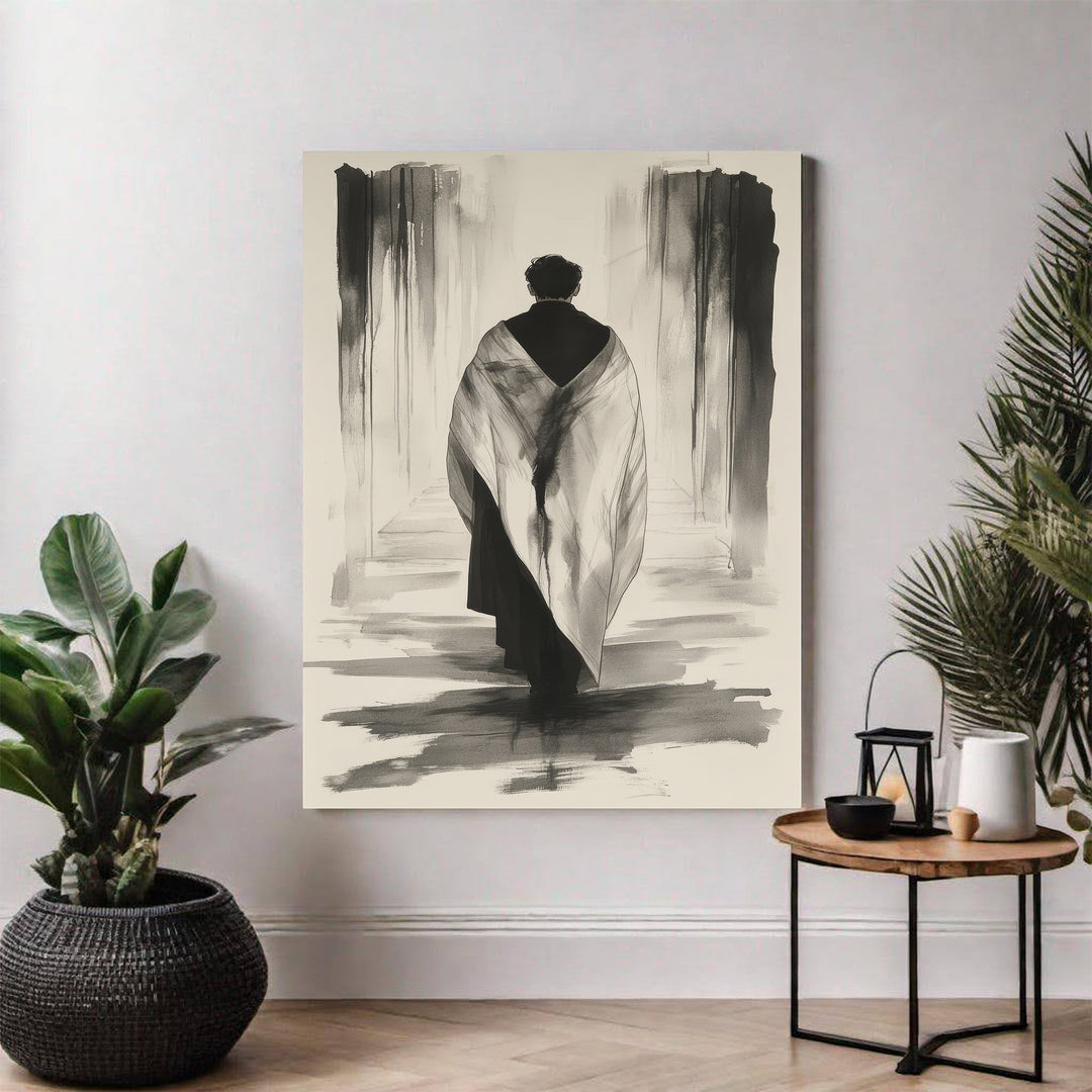 Wadi Home abstract wall art of a figure in a robe walking down a monochromatic hallway, expressive brushstrokes.