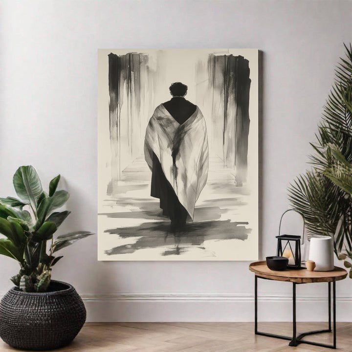 Wadi Home abstract wall art of a figure in a robe walking down a monochromatic hallway, expressive brushstrokes.