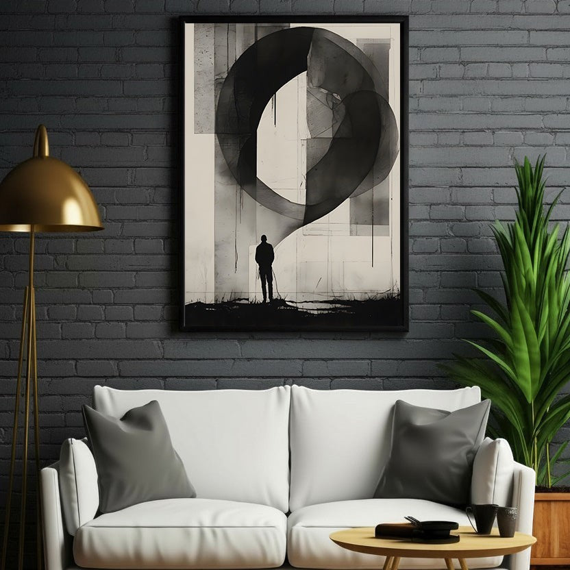 Wadi Home abstract wall art with a solitary figure in a monochromatic landscape. Framed print.
