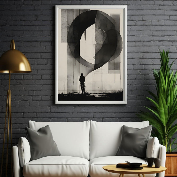 Wadi Home abstract wall art featuring a silhouetted figure against a monochromatic abstract landscape. Framed.