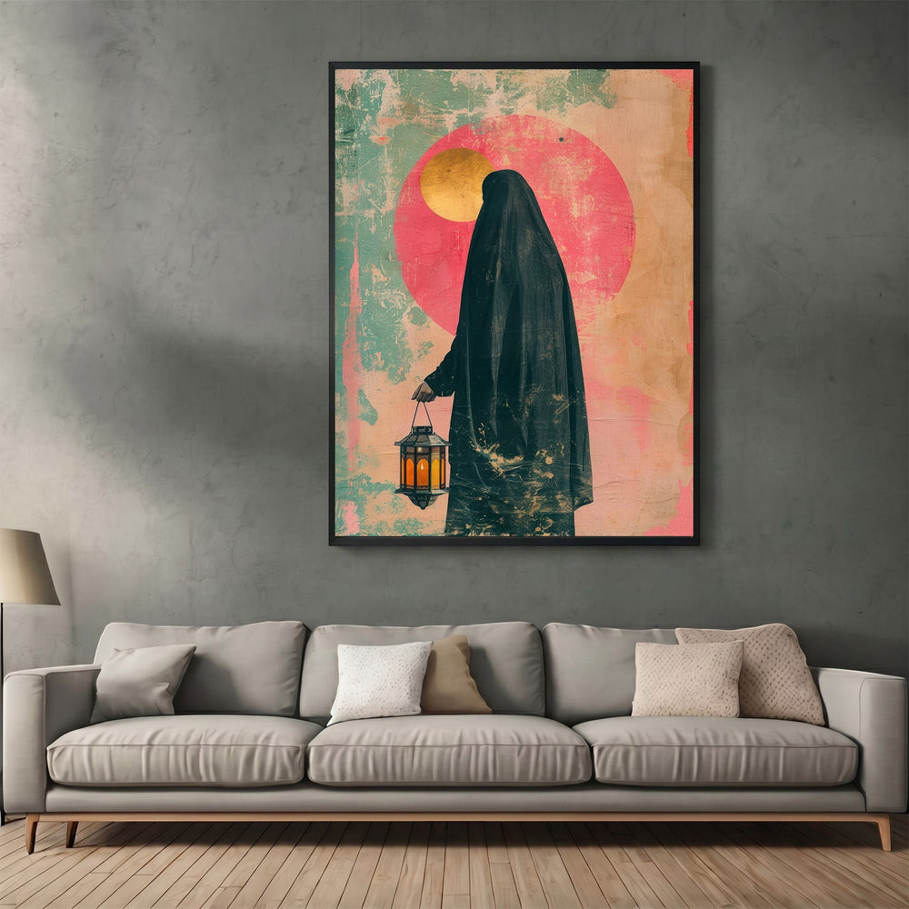 Wadi Home abstract wall art print featuring a silhouette figure with a lantern against a pink sun and teal background.