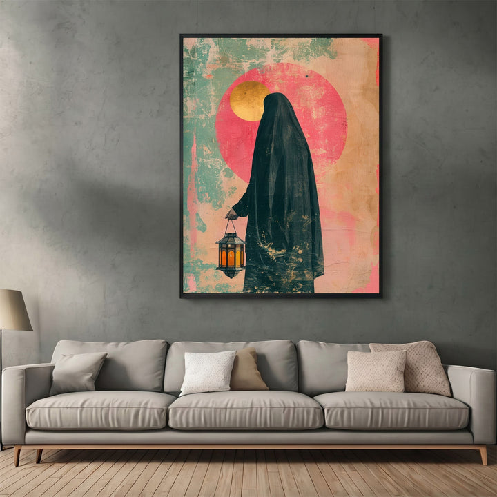 Wadi Home abstract wall art print featuring a silhouette figure with a lantern against a pink sun and teal background.