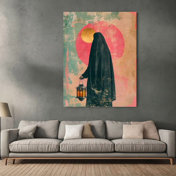 Wadi Home abstract wall art print featuring a silhouette figure with a lantern against a golden sun and teal backdrop.