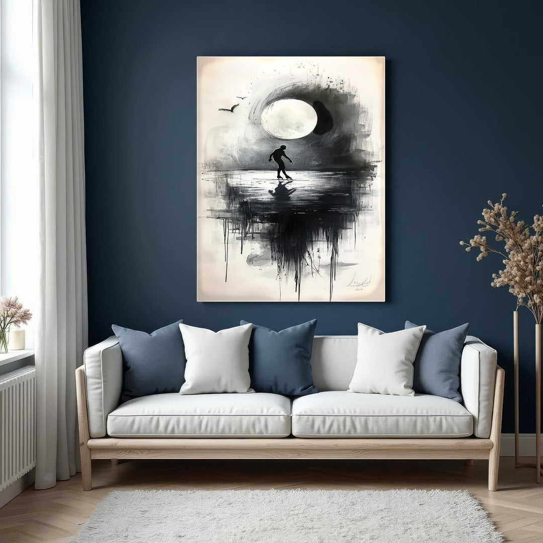 Wadi Home abstract artwork featuring a figure skating under a large moon in monochrome tones of black, white, and grey.