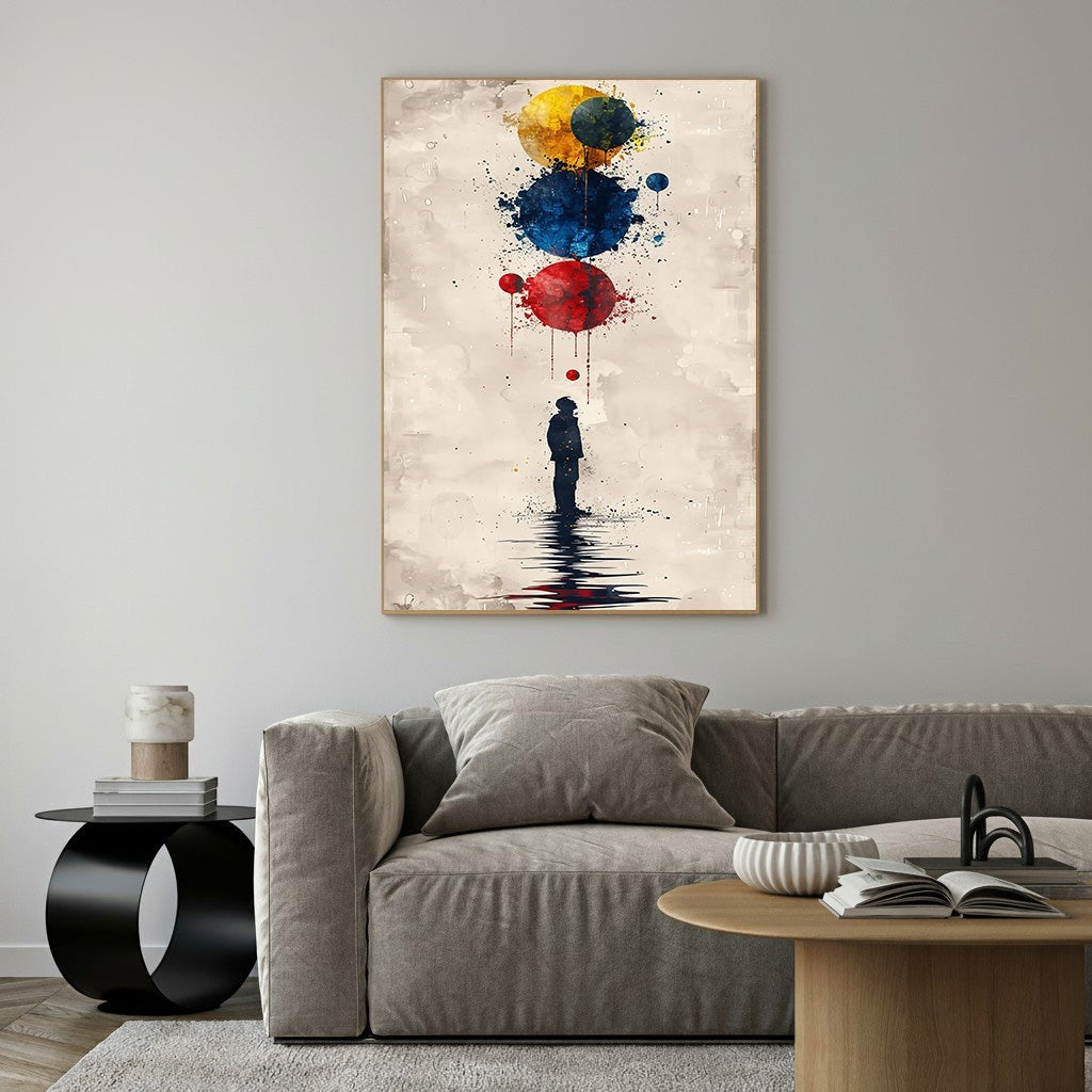 Wadi Home abstract watercolor art of a silhouette gazing at colorful floating orbs against a textured background.