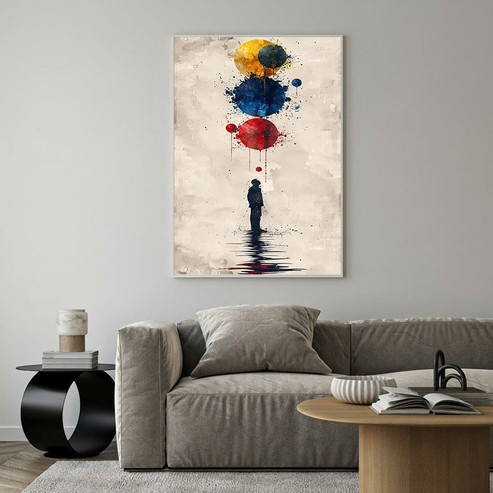 Wadi Home abstract watercolor art of a silhouette gazing at colorful floating orbs in red, blue, and yellow.