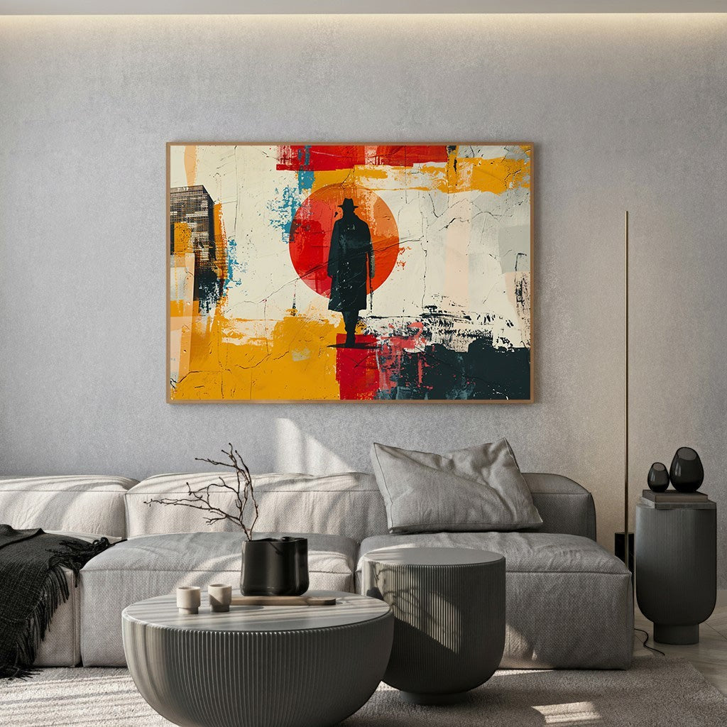 Wadi Home abstract wall art: silhouette of a figure in a hat against a red circle and textured yellow, red, and blue background.
