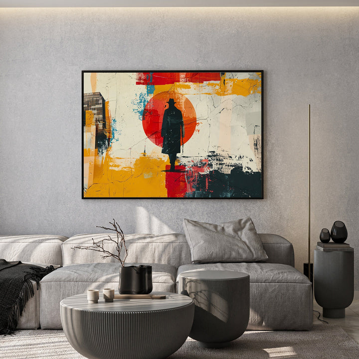 Wadi Home abstract wall art featuring a silhouetted figure against a red circle and textured background with yellow, red, and blue accents.