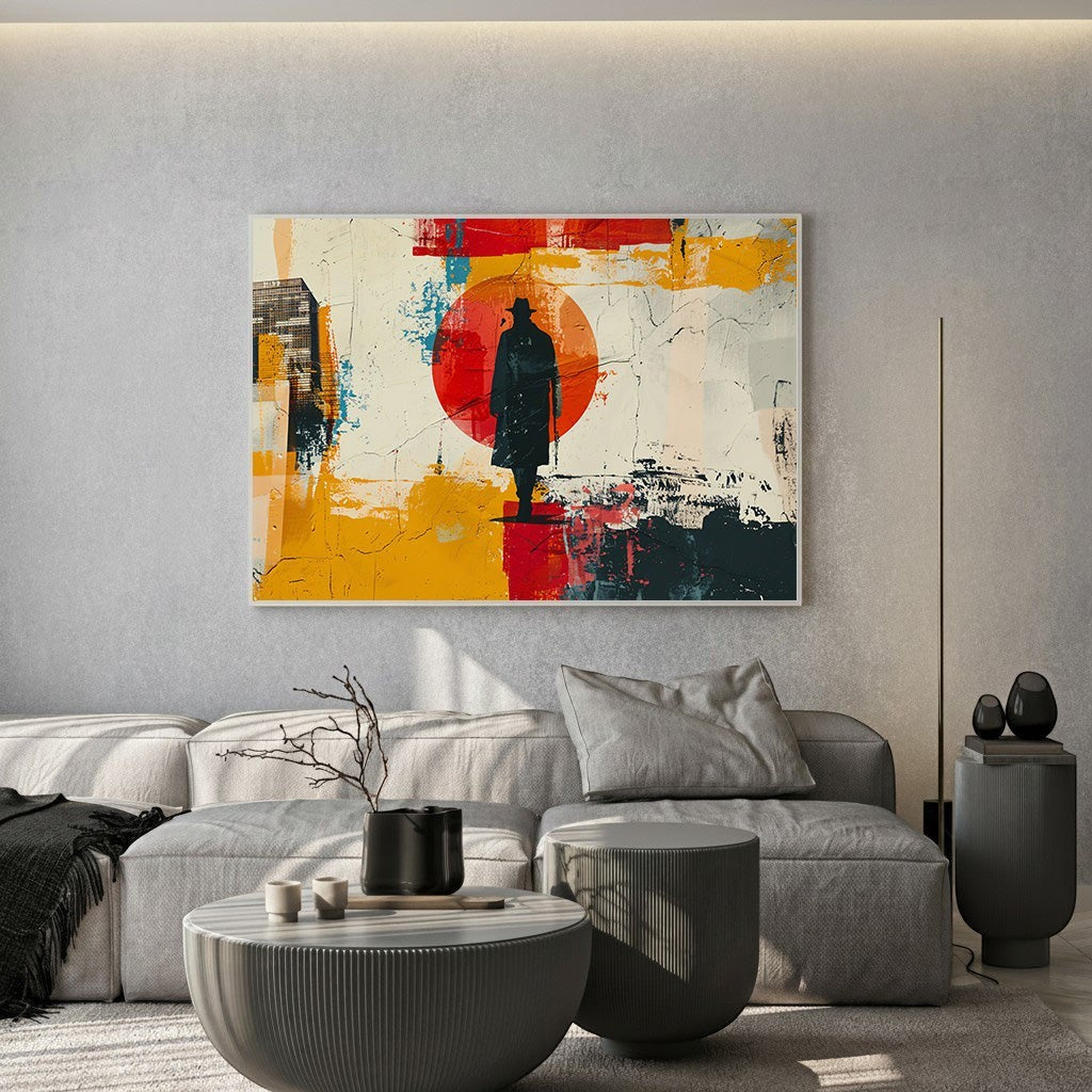 Wadi Home abstract wall art featuring a silhouetted figure against a red circle, with yellow, red, and blue textured background.