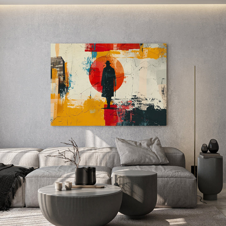 Wadi Home abstract wall art with a silhouetted figure against a red circle, textured background, and vibrant colors.