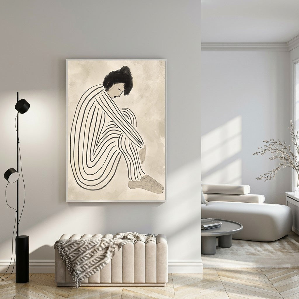 Wadi Home abstract wall art of a figure in black and white stripes against a textured neutral background.