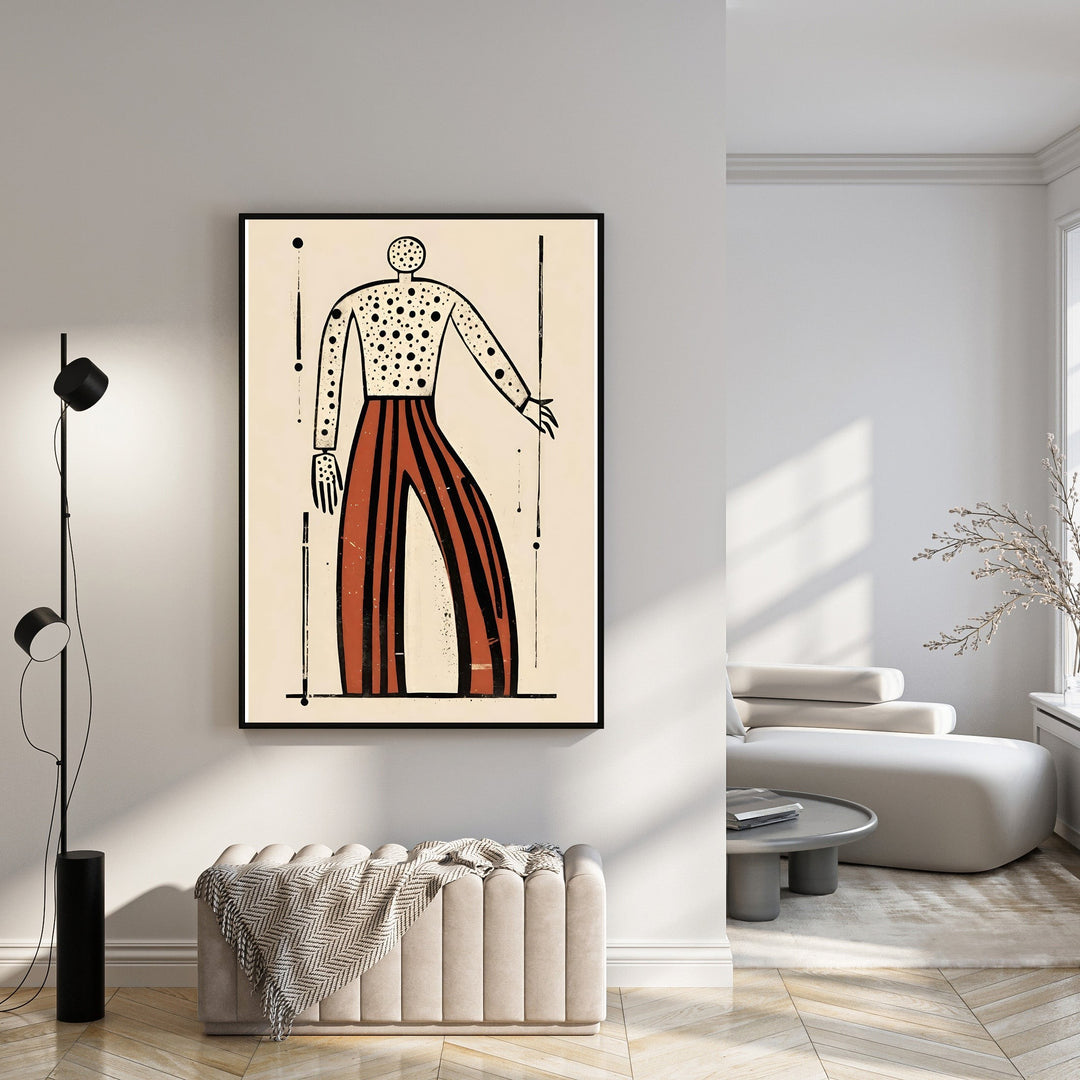 Wadi Home abstract wall art featuring a figure with dotted torso and striped pants in earthy tones.